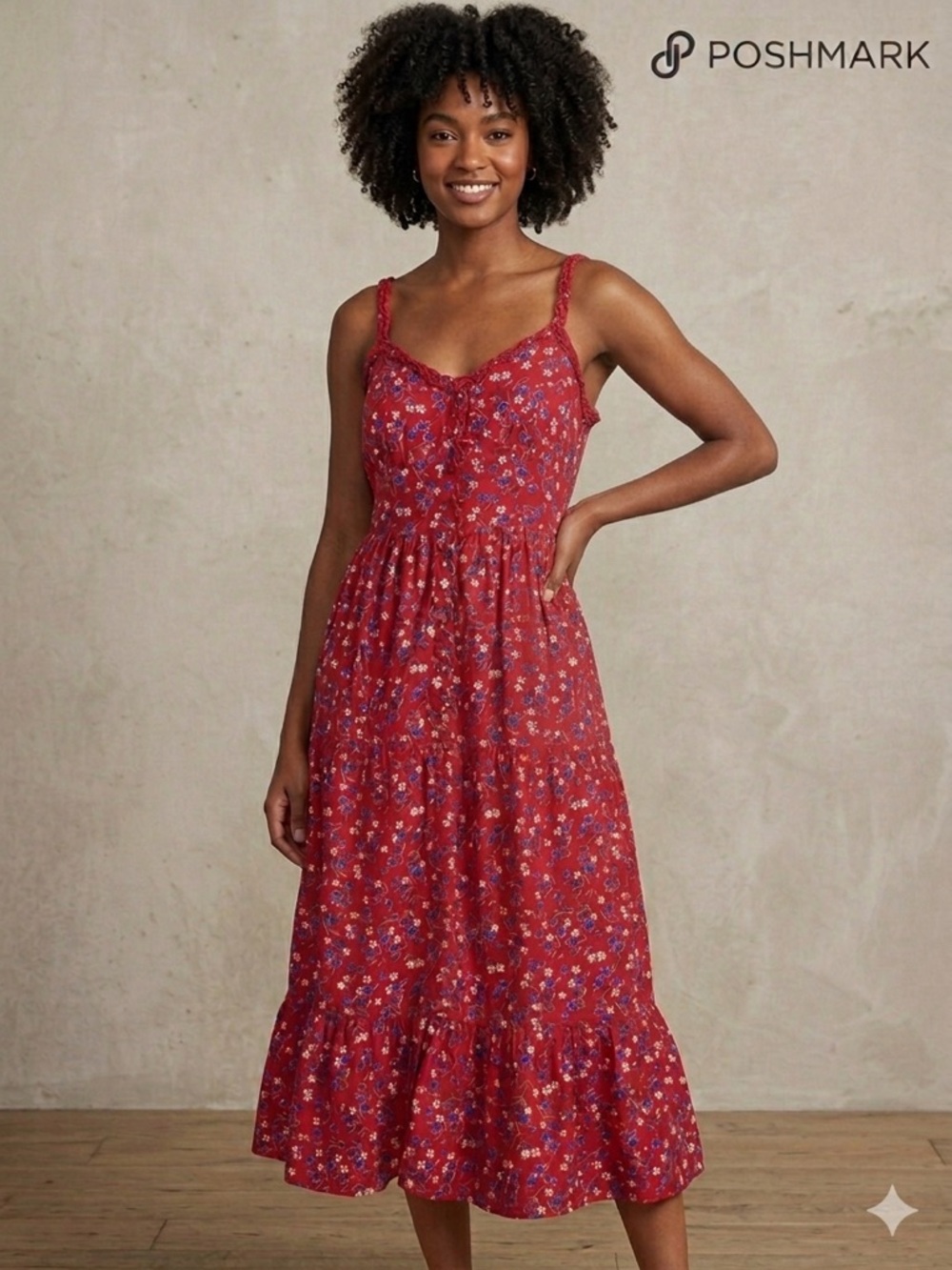 Patrons of Peace Red Floral Midi Sundress with Ruffled Hem Medium